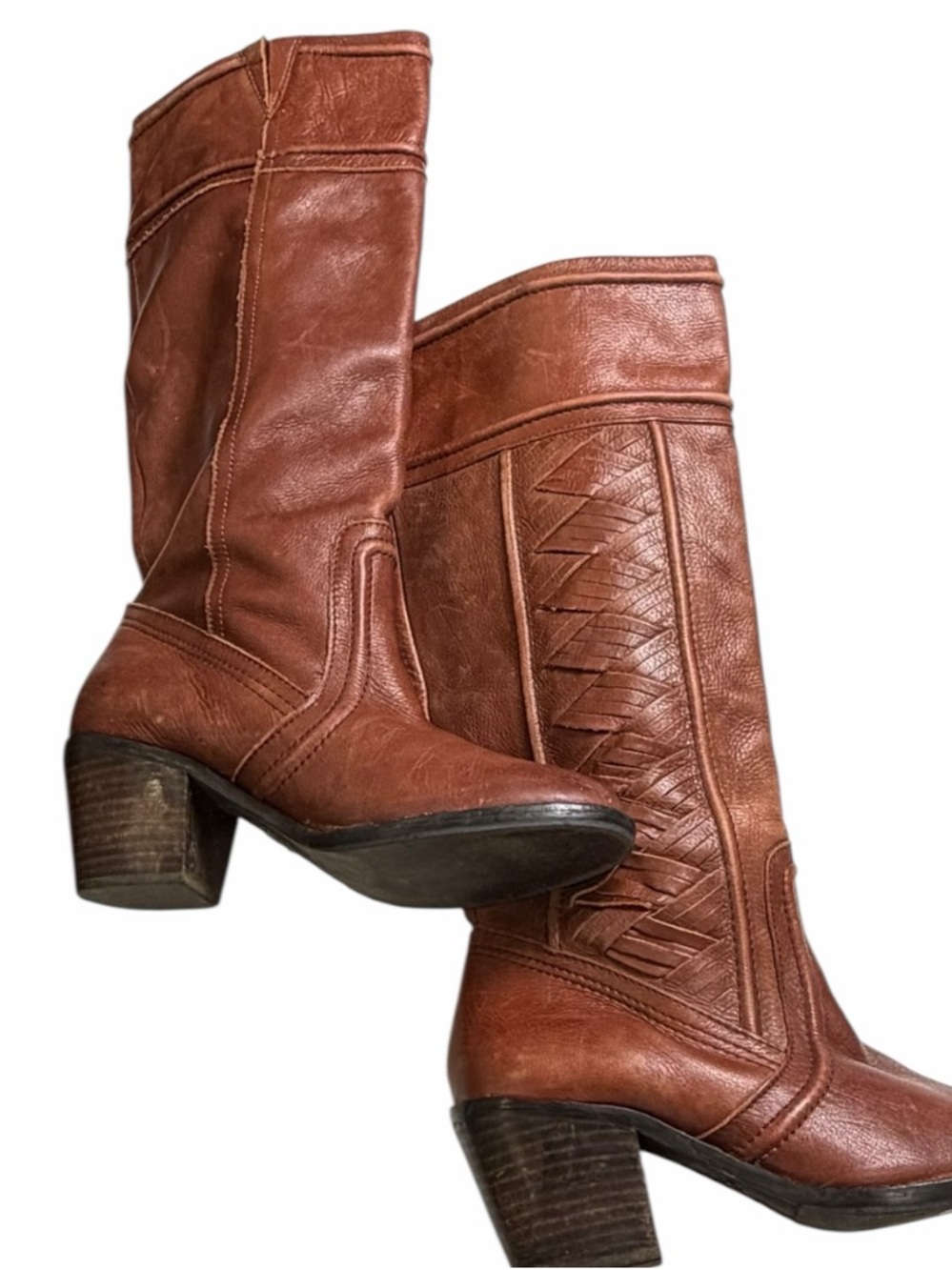 Vtg Fossil Brown Leather Knee High Boots Woven Western Boho Block Heel Size 8 - Picture 4 of 11